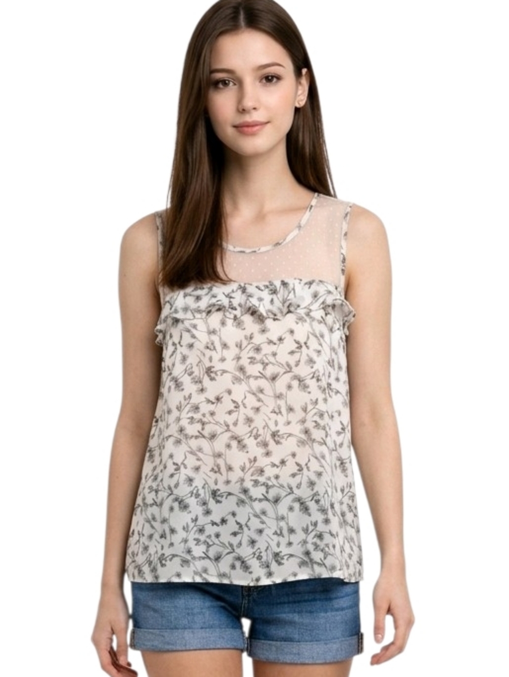 Entro White & Gray Floral Ruffle Lace Keyhole Sleeveless Sheer Blouse Size L